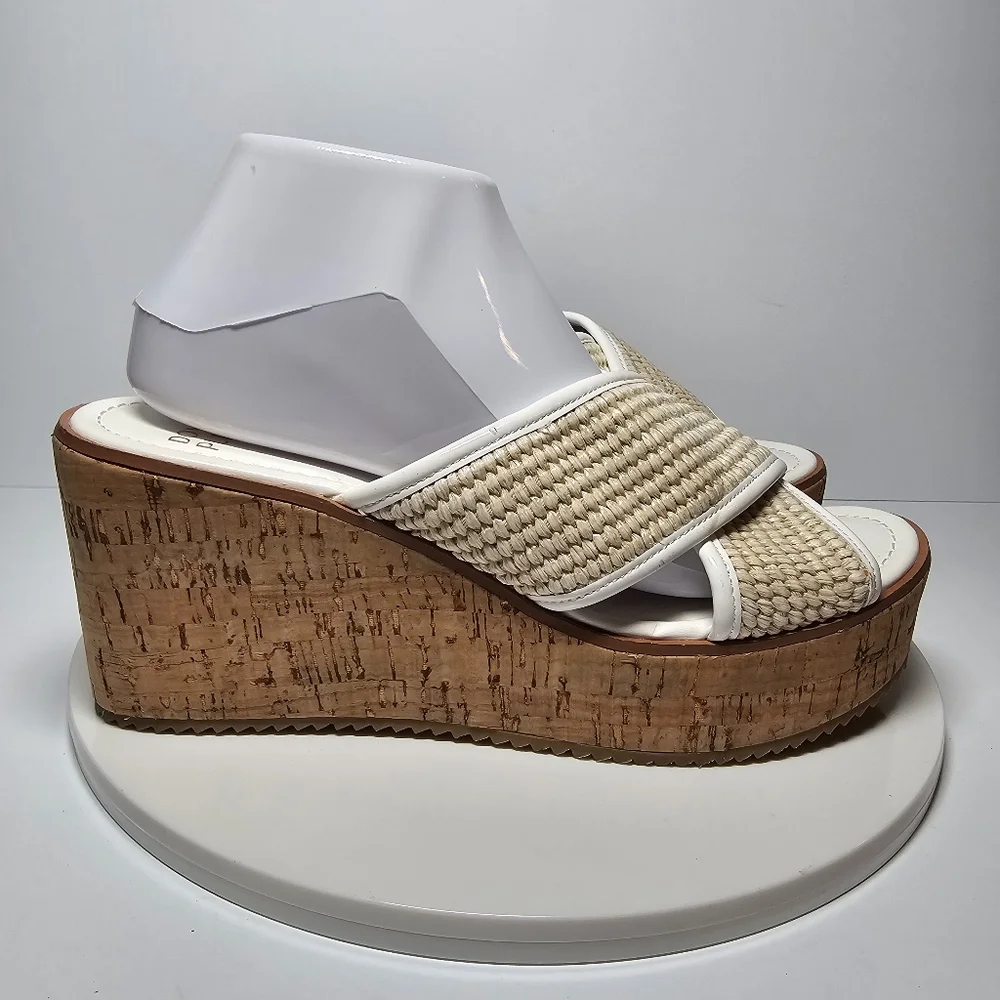 Donald Pliner Ilonar Wedge Platform Sandals Raffia Cork Neutral Tan White 10